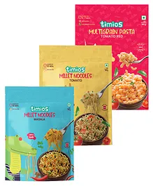 timios Non-Fried No-Maida Healthy Instant Tomato Red Pasta made with Brown Rice and Corn-195 g & Instant Millet Noodles Tomato Flavou -190 g & Millet Masala Flavoured Instant Noodles -190 g