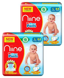 Niine Baby Diaper Pants Large Size  for Overnight Protection with Rash Control - 64 Pants - (Pack of 2)