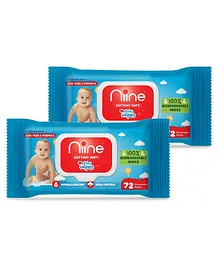 Niine Cottony Soft Biodegradable Baby Wipes with LID Enriched Goodness of Aloe Vera and Vitamin E -  72 Wipes - (Pack of 2)