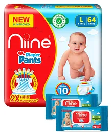 Niine Baby Diaper Pants Large Size - 64 Pants & Niine Cottony Soft Biodegradable Baby Wipes - 72 Wipes - (Pack of 2)