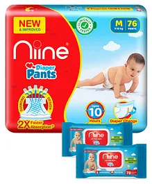 Niine Baby Diaper Pants Medium Size - 76 Pants & Niine Cottony Soft Biodegradable Baby Wipes - 72 Wipes - (Pack of 2)