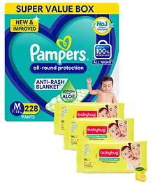Pampers All round Protection Pants, Lotion With Aloe Vera Medium Size Baby Diapers - 228 Pieces & Babyhug Premium Baby Lemon Wipes - 72 Pieces - (Pack of 3)