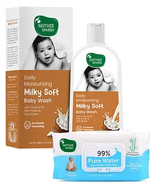 Mother Sparsh Unscented 99 % Pure Water Unscented Baby Wipes 72 Pieces & Daily Moisturizing Milky Soft Baby Wash - 200 ml