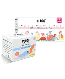 Plush Rash Free Large & XL Sanitary Pads - 42 Pads & Plush 100 Percent US Pure Cotton Daily Panty Liner - 20 Pieces