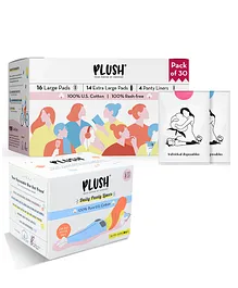 Plush Rash Free Large & XL Sanitary Pads with Disposable Pouches - 30 Pads & Plush 100 Percent US Pure Cotton Daily Panty Liner - 20 Pieces