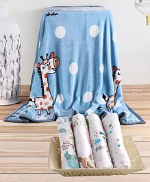 Babyhug Reversible Plush Double Layer Blanket Giraffe Print & ZOE Muslin Wrapper pack of 4 Orange Super Saver Combo