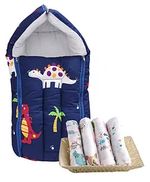Babyhug Sleeping Bag Dino Print Navy Blue & ZOE Muslin Wrapper pack of 4 Orange Super Saver Combo