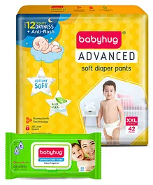 Babyhug Advanced Pant Style Diapers Extra Extra Large (XXL) Size - 42 Pieces & Babyhug Premium 98% Water Baby Wet Wipes With Lid - 80 Pieces