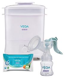 Vega Baby & Mom 4 in 1 Electric Steam Sterilizer with Dryer- White &  Pure Water Wet Wipes- Pack of 72 &  Natural Expression Advanced Manual Breast Pump - White