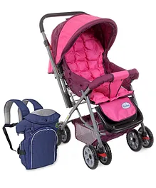 Babyhug Cocoon Stroller - Fuchsia and Babyhug Comfort Nest 3 Way Baby Carrier - Navy Blue