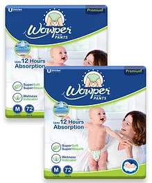 Wowper Baby Pant Style Diaper with 3D Diamond Cross Core Medium Size (M)- 72 Pieces - (Pack of 2)