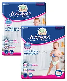 Wowper Baby Pant Style Diaper with 3D Diamond Cross Core Large Size (L)- 62 Pieces - (Pack of 2)