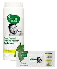 Mother Sparsh Plant Powered Dusting Powder For Babies -  200 g & Mother Sparsh Baby Plant Powered Natural Baby Wipes With Cucumber Extract - 60 Pieces