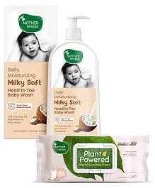 Mother Sparsh Baby Daily Moisturizing Milky Soft Head to Toe Baby Wash - 400 ml & Mother Sparsh Baby Plant Powered Natural Baby Wipes With Grapefruit Extract - 60 Pieces