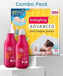 Mom and Baby Combo Pack of 3 -Babyhug Advanced Pant Style Diapers New Born - 34 Pieces and Bella Mama Stretch Marks Lotion and Oil - 250ml