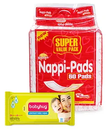 Babyhug Premium Baby Wipes - 80 Pieces And Xtracare Super Value Pack Of Nappi Pads-60 Pieces
