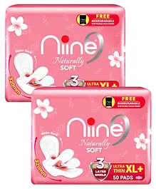 Niine Naturally Soft Ultra Thin XLplus Sanitary Napkins for Heavy Flow  50 Pads with Free Biodegradable Disposal Bags - (Pack of 2)