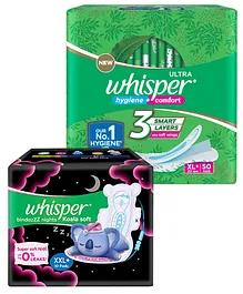 Whisper Utra Clean XLplus 50  & Nights Koala Soft XXLplus 10s Pack (60 Pads)