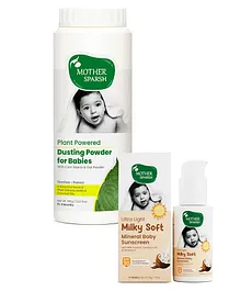 Mother Sparsh Ultra Light Milky Mineral Baby Sunscreen- with UVA & UVB rays protection 50g And Talc-Free Natural Dusting Powder for Babies - 100 gm