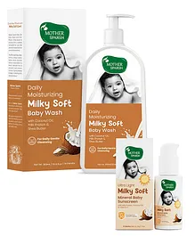 Mother Sparsh Ultra Light Milky Mineral Baby Sunscreen- with UVA & UVB rays protection 50g And Milky Soft Daily Moisturizing Baby Body Wash-300 ml