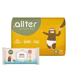 Allter Organic Bamboo Feet Print Taped Diapers For Medium Size - 28 Pieces and Allter 99% Water Baby Wipes Regular Pack - 72 Pieces