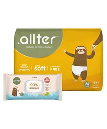 Allter Organic Bamboo Explorer  Print Taped Diapers For Medium Size - 28 Pieces and Allter 99% Water Baby Wipes Regular Pack - 72 Pieces