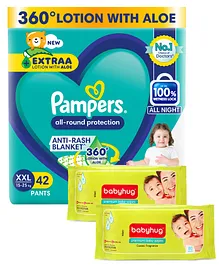 Pampers All round Protection Pants diapers (XXL) 42 Count,15-25kg, 360 degree Lotion with Aloe Vera and Babyhug Premium 98% Water Baby Wet Wipes with Moisturising Aloe Vera - 80 Pieces