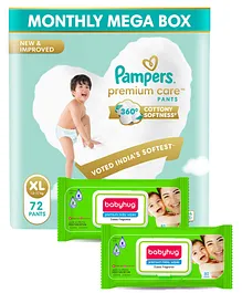 Pampers Premium Care Pants, Extra Large size baby diapers (XL), 72 Count, Softest ever Pampers pants and Babyhug Premium 98% Water Baby Wet Wipes with Moisturising Aloe Vera With Lid - 80 Pieces