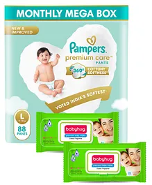 Pampers Premium Care Pants, Large size baby diapers (L), 88 Count, Softest ever Pampers pants and Babyhug Premium 98% Water Baby Wet Wipes with Moisturising Aloe Vera With Lid - 80 Pieces