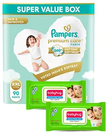 Pampers Premium Care Pants Baby Biapers Double Extra Large Size - 90 Pieces and Babyhug Premium 98% Water Baby Wet Wipes with Moisturising Aloe Vera With Lid - 80 Pieces