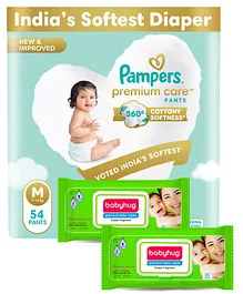 Pampers Premium Care Pants, Medium size baby diapers (M), 54 Count, Softest ever Pampers pants and Babyhug Premium 98% Water Baby Wet Wipes with Moisturising Aloe Vera With Lid - 80 Pieces