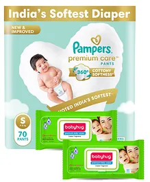 Pampers Premium Care Pants, Small size baby diapers (S), 70 Count, Softest ever Pampers pants and Babyhug Premium 98% Water Baby Wet Wipes with Moisturising Aloe Vera With Lid - 80 Pieces