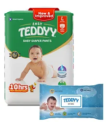 Teddyy Baby Easy Pant Diapers Large 62 pieces and Teddyy Baby Wet Wipes With Lid - 72 Pieces