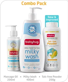 Babyhug Advanced Talc-free powder 200g & Babyhug Milk Protein Formula Daily Head To Toe Milky Wash  400 ml & Babyhug Mineral Oil Free Daily Massage Oil  - 200 ml
