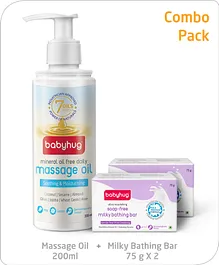 Babyhug Mineral Oil Free Daily Massage Oil  - 200 ml & Babyhug pH 5.5 Ultra Nourishing Soap-Free Milky Bathing Bar Pack of 2 - 75g Each