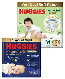Huggies Natural Soft Premium Baby Diaper Pants (M Size- 60 Pieces) & Huggies Natural Soft Overnite Diaper Pants| Premium Pant Style Baby Diapers (M Size- 42 Pieces)