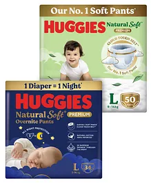 Huggies Natural Soft Premium Baby Diaper Pants (L Size- 50 Pieces) & Huggies Natural Soft Overnite Diaper Pants| Premium Pant Style Baby Diapers (L Size- 34 Pieces)