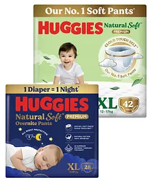 Huggies Natural Soft Premium Baby Diaper Pants (XL Size- 42 Pieces) & Huggies Natural Soft Overnite Diaper Pants| Premium Pant Style Baby Diapers (XL Size- 28 Pieces)