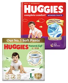 Huggies Natural Soft Premium Baby Diaper Pants (L Size- 50 Pieces) & Huggies Complete Comfort Wonder Pants (L Size- 64 Pieces)
