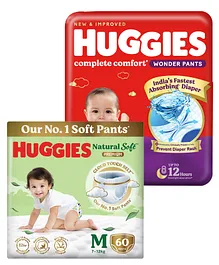 Huggies Natural Soft Premium Baby Diaper Pants (M Size- 60 Pieces) & Huggies Complete Comfort Wonder Pants (M Size- 76 Pieces)