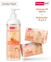 BabyhugPro Sensitive Peach Massage Oil - 200 ml and BabyhugPro Sensitive pH 5.5 Peach Milk Bathing Bar - 75 g - Pack of 2