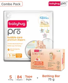BabyhugPro Bubble Care Premium Tape Style Diaper (S) Small - 84 Pieces & BabyhugPro Sensitive pH 5.5 Peach Milk Bathing Bar - 75 g