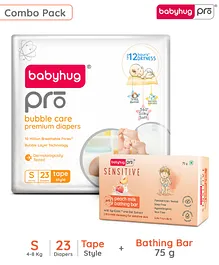 BabyhugPro Bubble Care Premium Tape Style Diaper (S) Small - 23 Pieces & BabyhugPro Sensitive pH 5.5 Peach Milk Bathing Bar - 75 g
