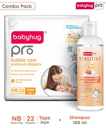 BabyhugPro Bubble Care Premium Tape Style Diaper for New Born (NB) Size - 22 Pieces & BabyhugPro Sensitive pH 5.5 Peach Milk Shampoo - 100 ml