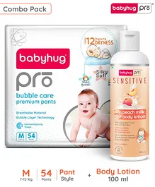 BabyhugPro Bubble Care Premium Pant Style Diaper Medium (M) Size - 54 Pieces & BabyhugPro Sensitive pH 5.5 Peach Milk Lotion - 100 ml