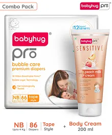 BabyhugPro Bubble Care Premium Tape Style Diaper Newborn (NB) Size - 86 Pieces & BabyhugPro Sensitive pH 5.5 Peach Milk Cream - 200 g