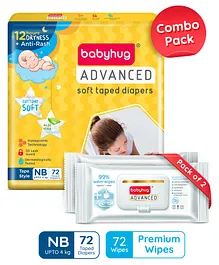BabyhugAdvanced Tape Style Diapers (NB) - 72 Pieces & BabyhugAdvanced 99% Pure Water Unscented Baby Wipes Pack of 2 - 72 Pieces Each