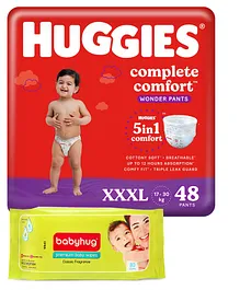 Huggies Complete Comfort Wonder Pants XXXL Baby Diaper Pants 48 Pieces and Babyhug Premium 98% Water Baby Wet Wipes with Moisturising Aloe Vera - 80 Pieces
