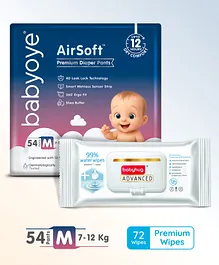 BabyoyeAir Soft Premium Pant Style Diaper Medium - 54 Pieces & BabyhugAdvanced 99% Pure Water Unscented Baby Wipes  - 72 Pieces