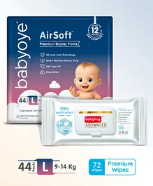 BabyoyeAir Soft Premium Pant Style Diaper Large - 44 Pieces &  BabyhugAdvanced 99% Pure Water Unscented Baby Wipes  - 72 Pieces